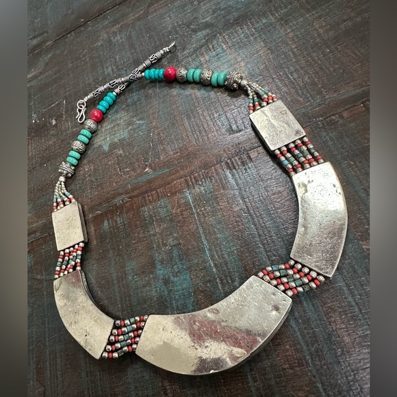 Turquoise and Coral Silver Tibetan Antique Look Necklace Jewelry Beads NEW - Picture 3 of 4